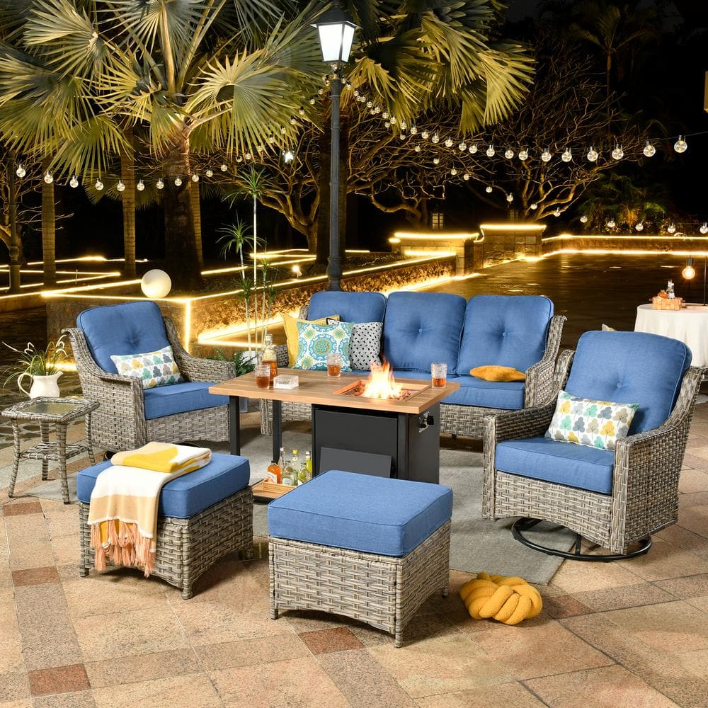 Verona Grey 7-Piece Wicker Outdoor Fire Pit Patio Conversation Sofa Set with Swivel Chairs and Sky Blue Cushions -  HOOOWOOO, SFP-YZPD507