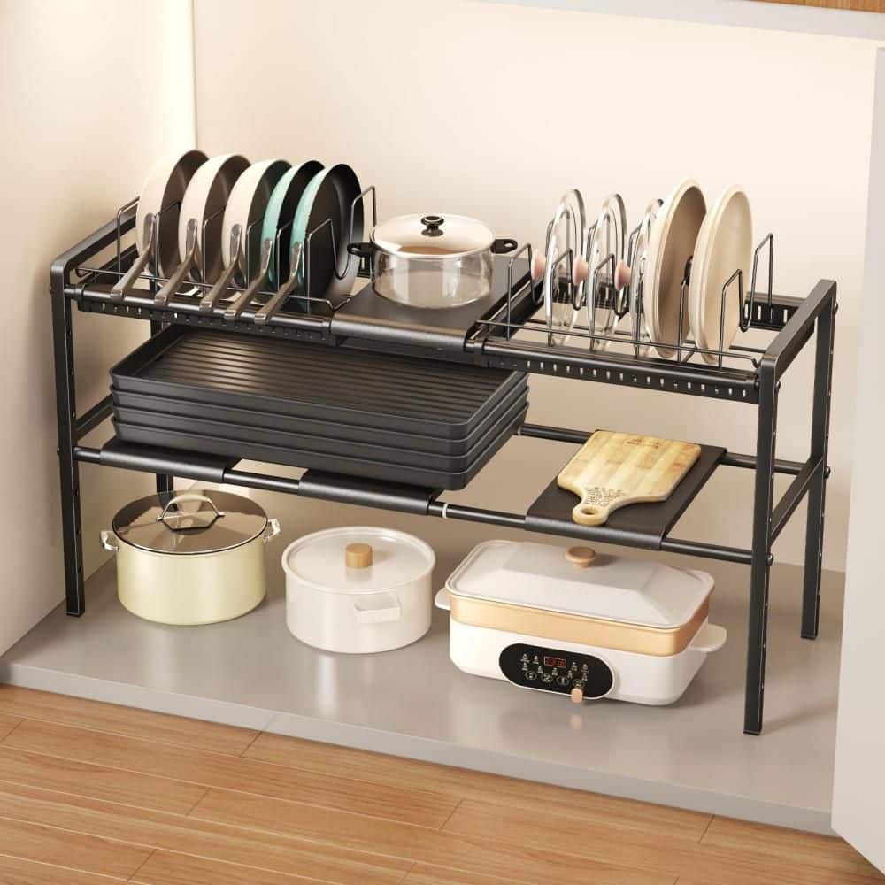 Standing Pot Racks Numhew Black Expandable Tiered Standing Pot Rack w/ Adjustable Dividers ...