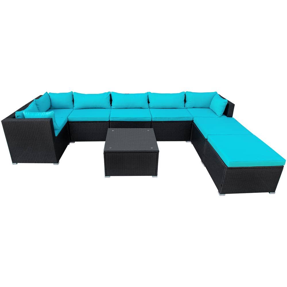 Black 9-Pieces Wicker Outdoor Sectional Sofa Set Patio Conversation Sets wi