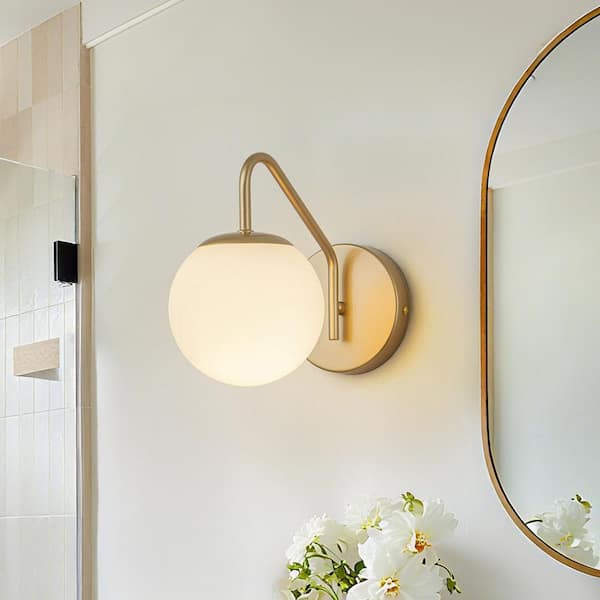 Lucie 8.66 in. 1-Light Gold Bathroom Vanity Light with Opal Glass Shade