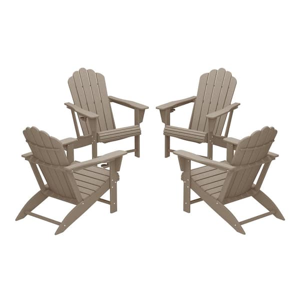 Aderson Set of 4 All Weather Fade Resistant Outdoor Patio HDPE Adirondack Chairs with Cup Holders in Weathered Wood