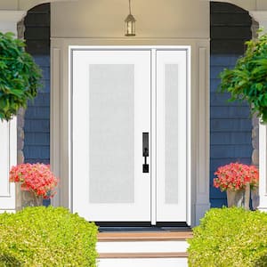 Legacy 51 in. x 80 in. Full Lite Rain Glass RHOS Primed White Finish Fiberglass Prehung Front Door with 12 in. SL