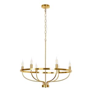 Mid-Century 6-Light Gold Farmhouse Wagon Wheel Chandelier for Dining and Living Room