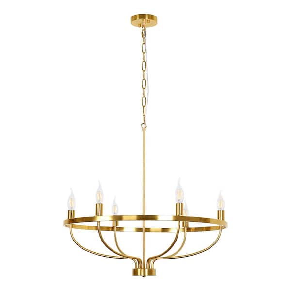 Briignite 29 in. 6-Light Gold Farmhouse Wagon Wheel Candle Chandelier with Adjustable Hanging Length for Dining Room Living Room