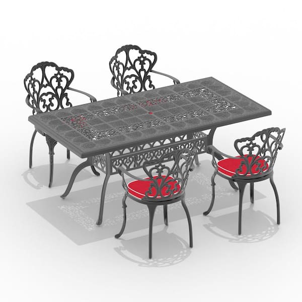Runesay 5-Piece Set Of Cast Aluminum Patio Outdoor Dining Set with Random Colors Cushions and Black Frame