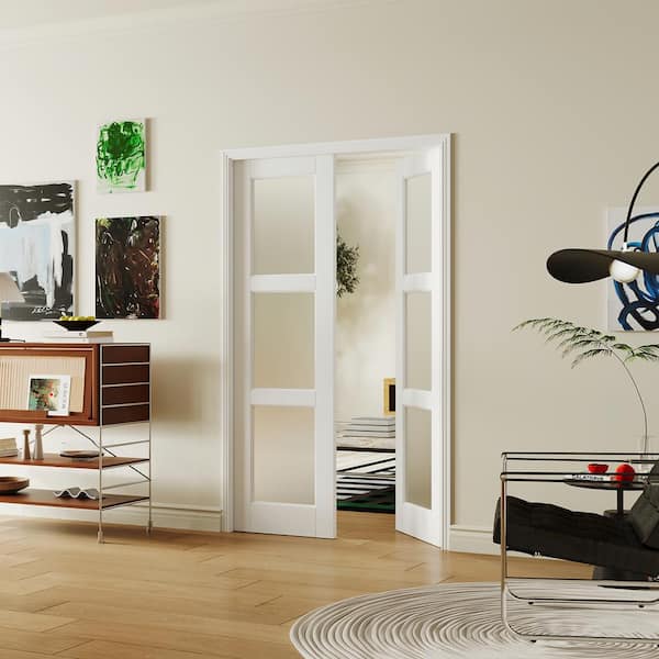 48 in. x 80 in. (Double 24 in. Doors) MDF, Painted, White, 3-Lite, Frosted Glass Interior Door Slab Without Hinges