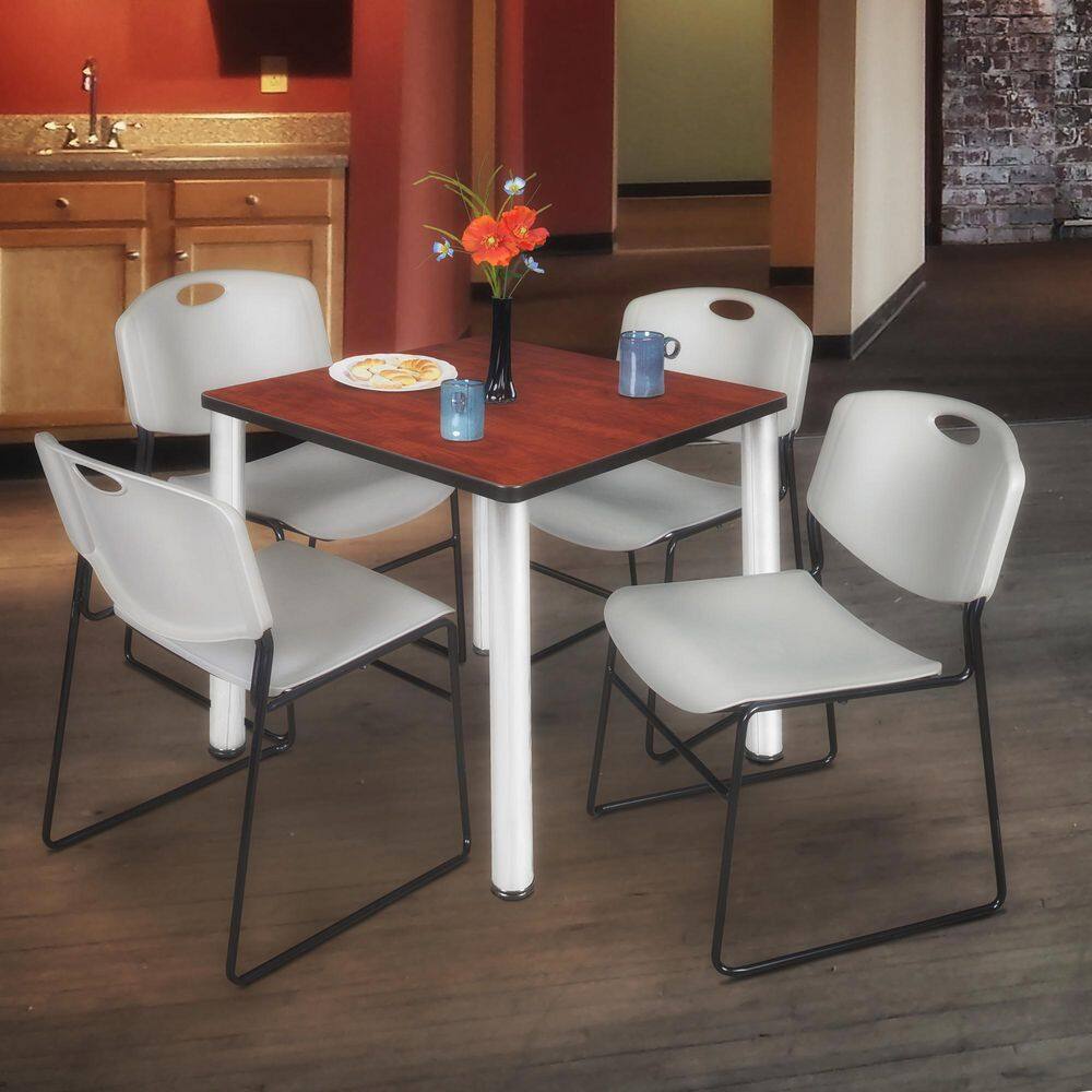 Kee 36 in Cherry Top Square Breakroom Table Desk, Chrome Legs, 4 Zeng Stack Chairs-Grey price history on PriceWatchPro