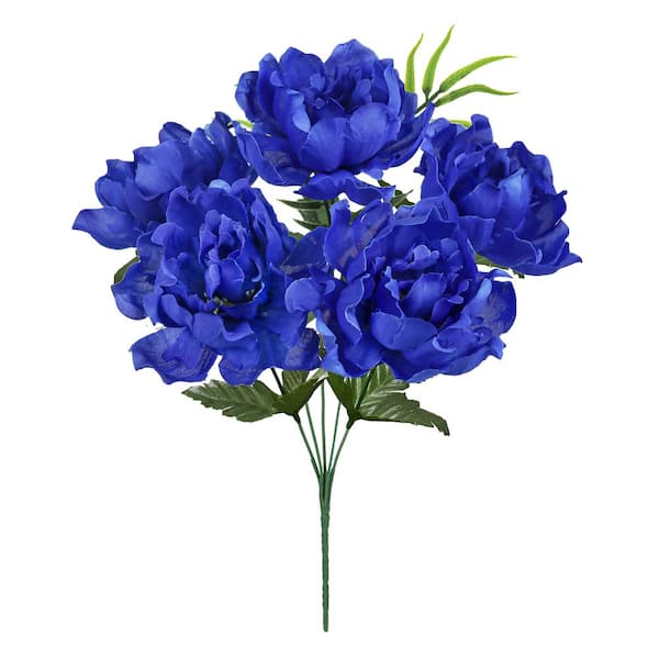 14 in. Royal Blue Artificial Open Peony Flower Stem Bush Bouquet (Set of 12)