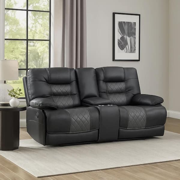 Benjara 77 in. Pillow Top Arm Faux Leather Rectangle Manual Loveseat Recliner Sofa in Gray