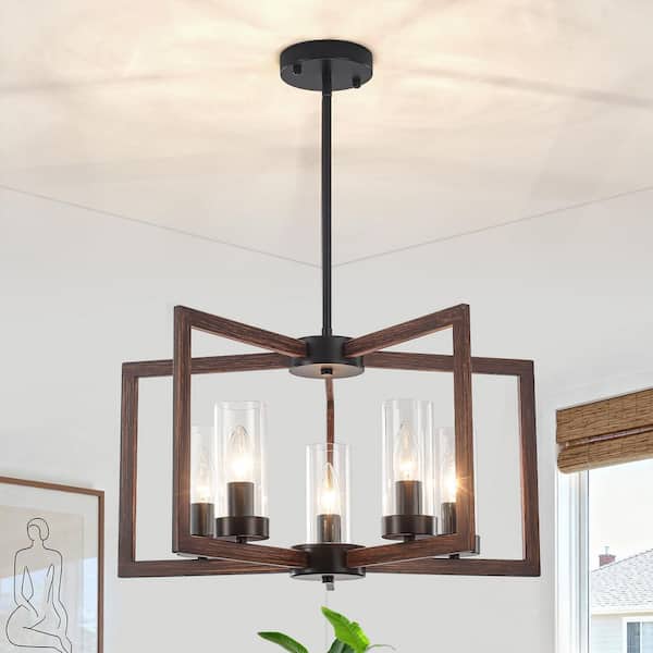 5-Light Black and Brown Modern Industrial Chandelier Farmhouse Candle-Style Geometric Rectangle Pendant Light