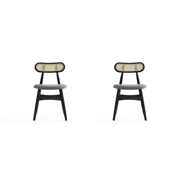 Manhattan Comfort Colbert Black, Cane and Grey Woven Polycotton Upholstered Dining Side Chair (Set of 2)
