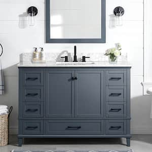 Merryfield 49 in. Single Sink Dark Blue-Grey Bath Vanity with White Carrara Marble Top (Assembled)