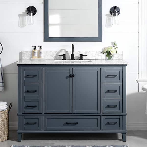 Merryfield 49 in. Single Sink Dark Blue-Grey Bath Vanity with White Carrara Marble Top (Assembled)