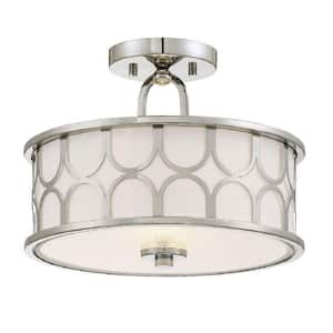 Meridian 13 in. W x 10 in. H 2-Light Polished Nickel Semi-Flush Mount with White Fabric Shade and Geometric Metal Frame
