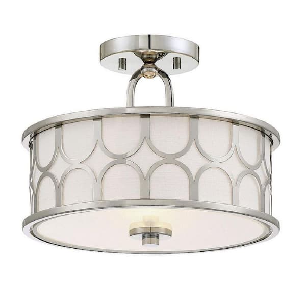 TUXEDO PARK LIGHTING 13 in. W x 10 in. H 2-Light Polished Nickel Semi-Flush Mount with White Fabric Shade and Geometric Metal Frame