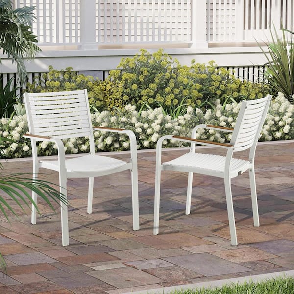 ELOE White Aluminum Outdoor Dining Chair with Teak Wood Armrests (2-Pack)