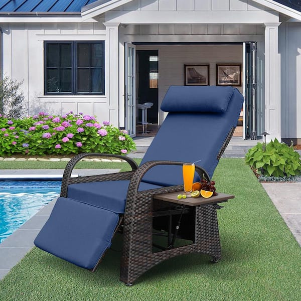 Tenleaf Ergonomically Designed Backrest Adjustable Brown PE Wicker Outdoor  Recliner with Navy Blue Cushions Tenleaf-OD83 - The Home Depot