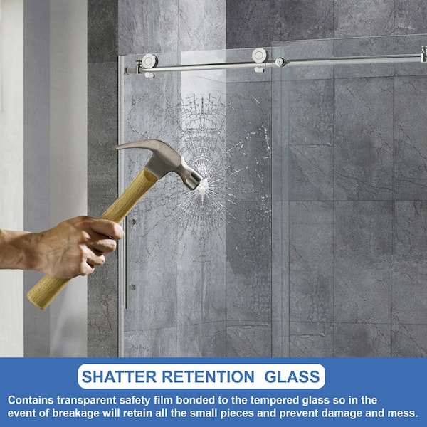 72 in. W x 76 in. H Frameless Sliding Shower Door with Shatter Retention Glass in Polished Chrome 72 in. W x 76 in. H Frameless Sliding Shower Door with Shatter Retention Glass in Polished Chrome