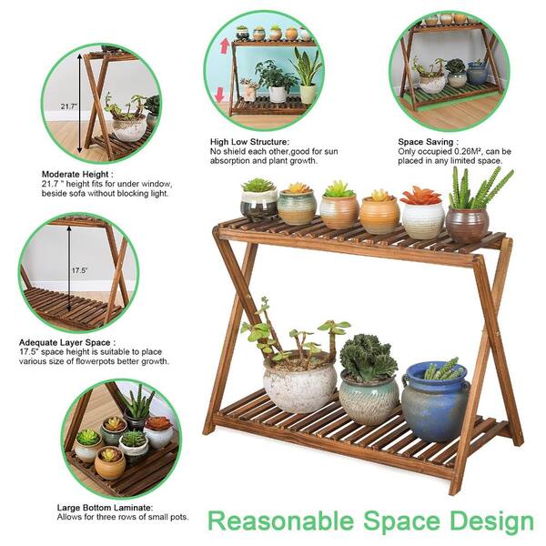 28.7 in Pine Wood 2 Tier Plant Stand X Cross Carbonized Color