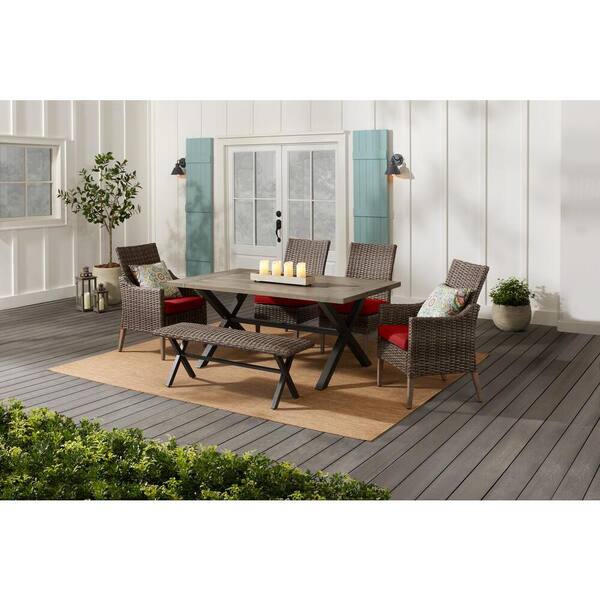 Hampton Bay Rock Cliff 6-Piece Brown Wicker Outdoor Patio Dining Set with Bench and CushionGuard Chili Red Cushions
