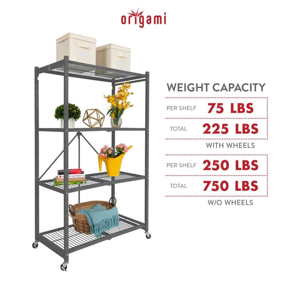 Pewter 4-Tier Foldable Wire Storage Rack with Wheels