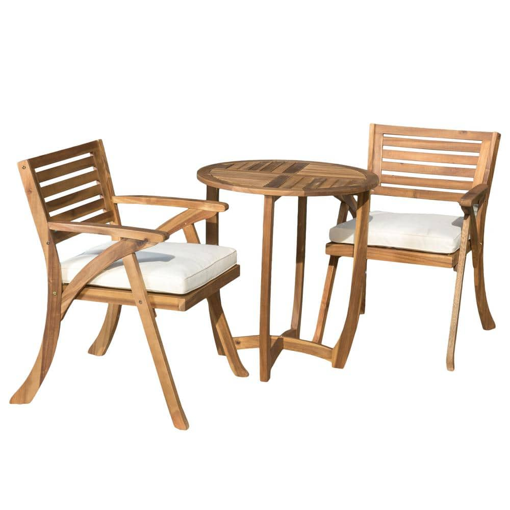 Coronado Teak Brown Finish 3-Piece Wood Round  Outdoor Patio  Bistro Set with Cream Cushions -  Noble House, 8115