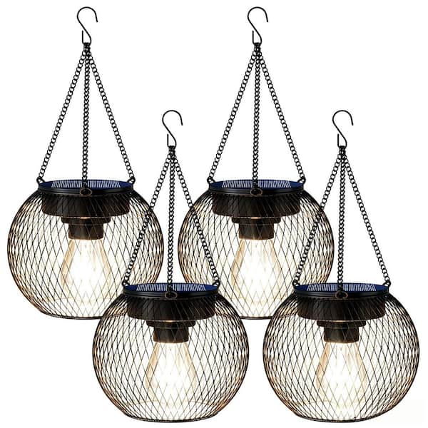 13.5 in. x 5.42 in. Black Waterproof Metal Hanging Solar Lantern, Brighter and with Automatic On/Off Function. 4-Pack