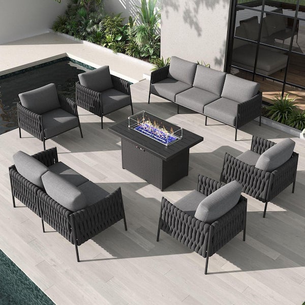 7-Piece Modern Woven Rope Outdoor Furniture Set with Fire Pit Table and Gray Cushions