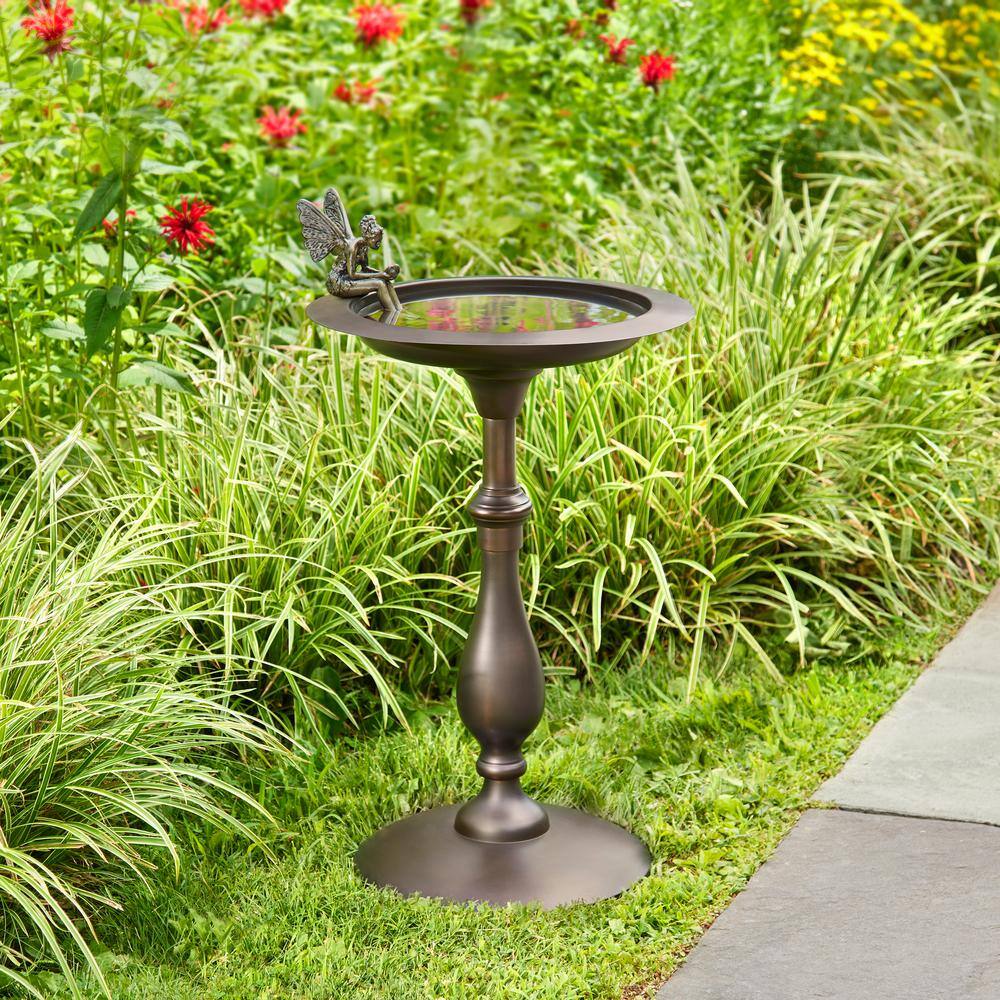 Bronze Fairy Pedestal Bird Bath with Brass Basin