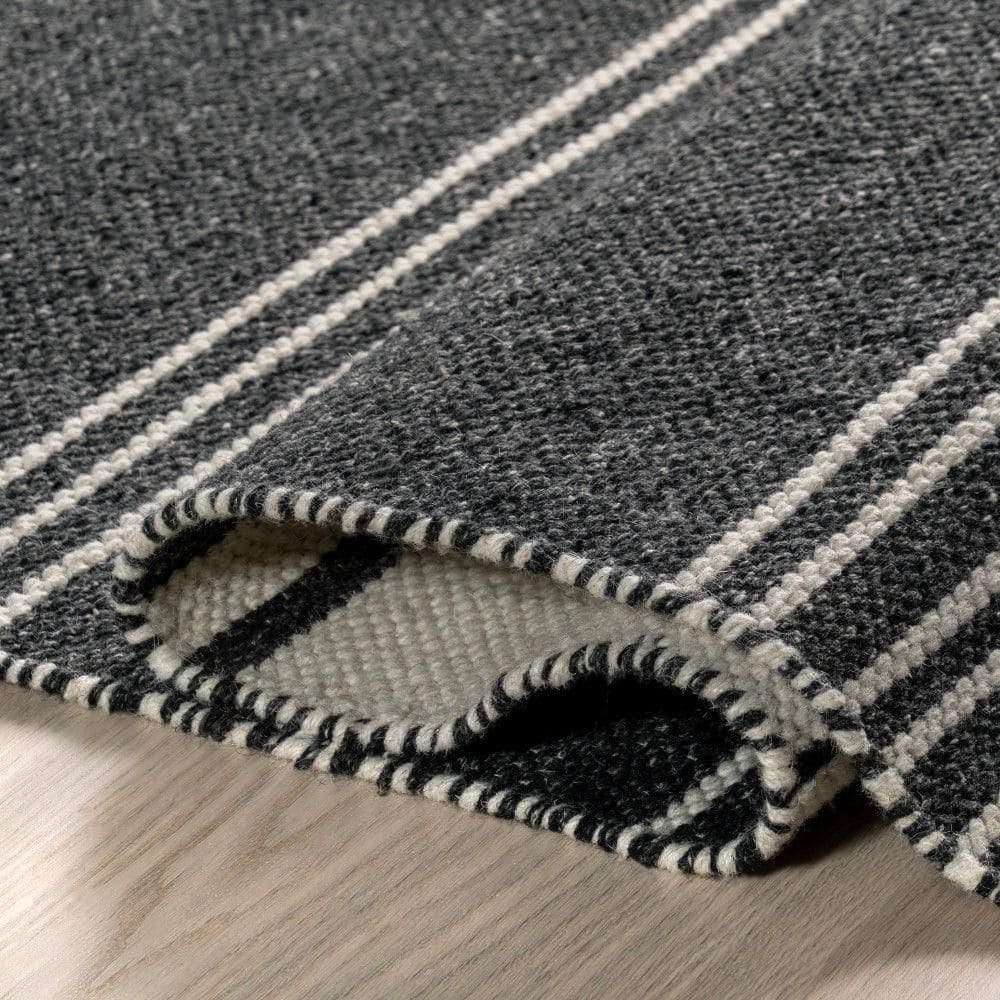 Dark Grey Handmade Wool Reversible Striped 9' x 12' Area Rug