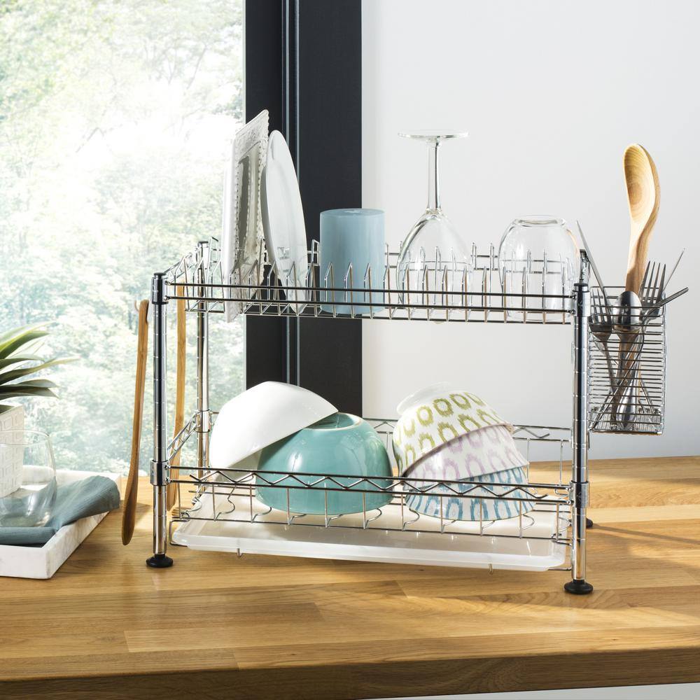 Brooklyn 19" Chrome Adjustable 2-Tier Dish Rack with Utensil Holder