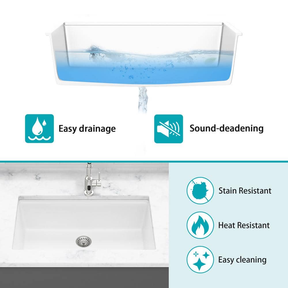 33 in. White Quartz Undermount Single Bowl Workstation Sink