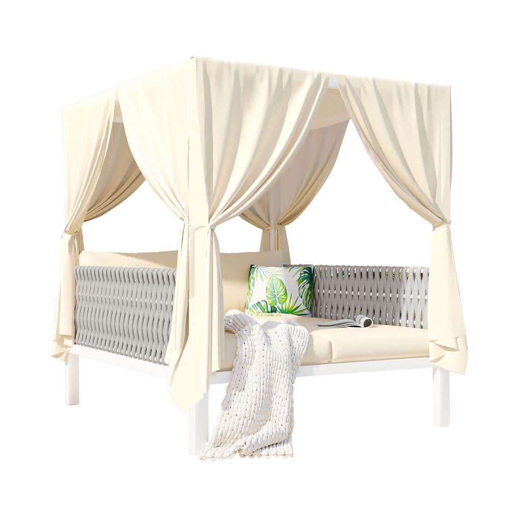 1-Piece Metal Outdoor Day Bed, Woven Rope Sunbed with Curtains, High Comfor