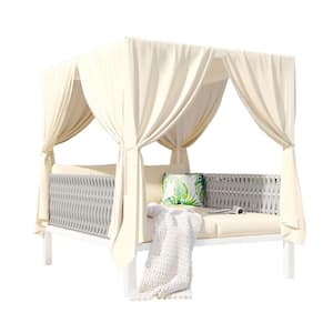 1-Piece Metal Outdoor Day Bed, Woven Rope Sunbed with Curtains, High Comfort, with Beige Cushions