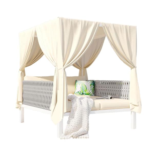 Unbranded 1-Piece Metal Outdoor Day Bed, Woven Rope Sunbed with Curtains, High Comfort, with Beige Cushions