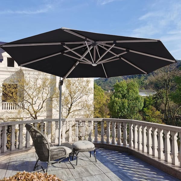 11 ft. Octagon Aluminum Solar powered LED Patio Outdoor Large Cantilever Umbrella Heavy Duty Sun Umbrella in Navy Blue