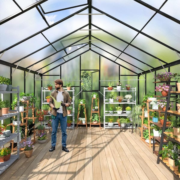 NETAJE 10 ft W x 12 ft D Black Polycarbonate Greenhouse with Quick