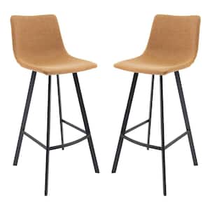 Elland Modern 29.9" Upholstered Leather Bar Stool With Black Iron Legs & Footrest Set of 2 in Light Brown