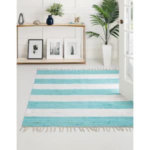 Chindi Rag Striped Turquoise and Ivory 7 ft. 10 in. x 7 ft. 10 in. Area Rug