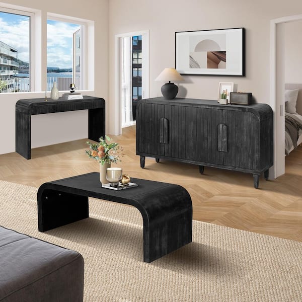 American Retro 59 in. Black Rectangle Solid Wood MDF Console Table with Hidden Drawers