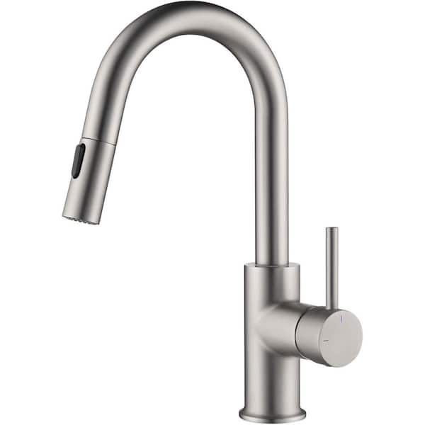 KIBI 13.44 in. H Single Hole 1.8 GPM Pull Down Sprayer Kitchen Faucet with 360° Spout Swivel in Brushed Nickel
