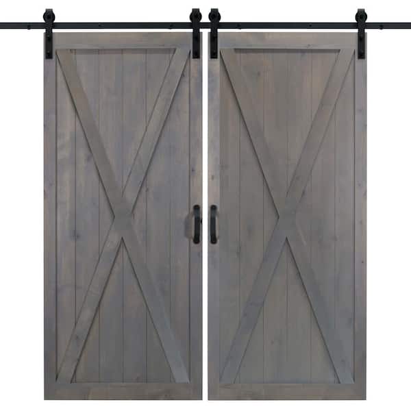 Dogberry 42 in. x 84 in. Ash Gray Classic X Wood Double Sliding Barn Door with Hardware Kit