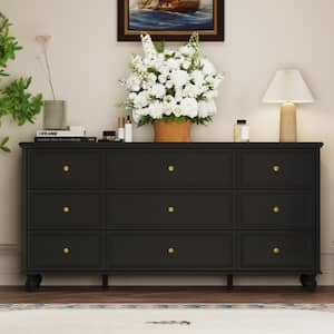 Black Wooden 9-Drawer Chest of Drawers 63 in. W x 31.5 in. H x 15.7 in. D Dresser, Modern European Style