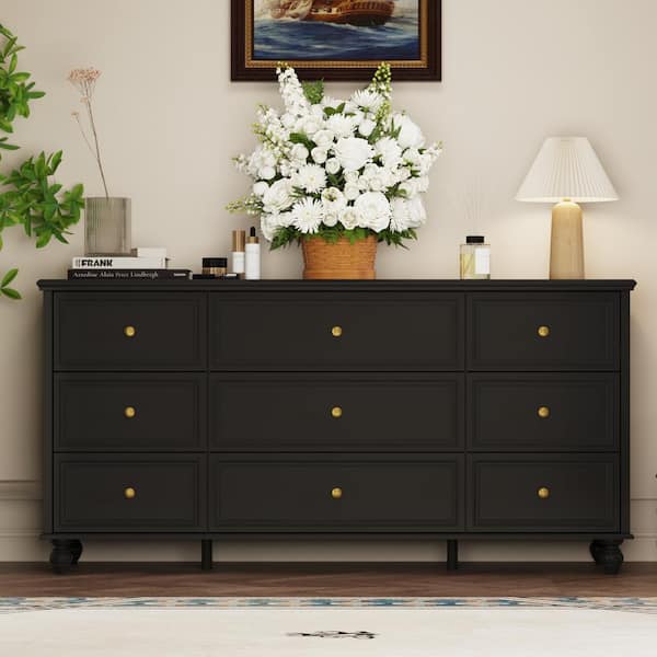 black dresser and chest Kingdely Wooden 9-Drawer of Drawers 63 in. W x 31.5 in. H x 15.7 in. D Dresser, Modern European Style Camille Satin Mini Dress gliding drawers gs f AM to PM Style Code:WMN4021-02
