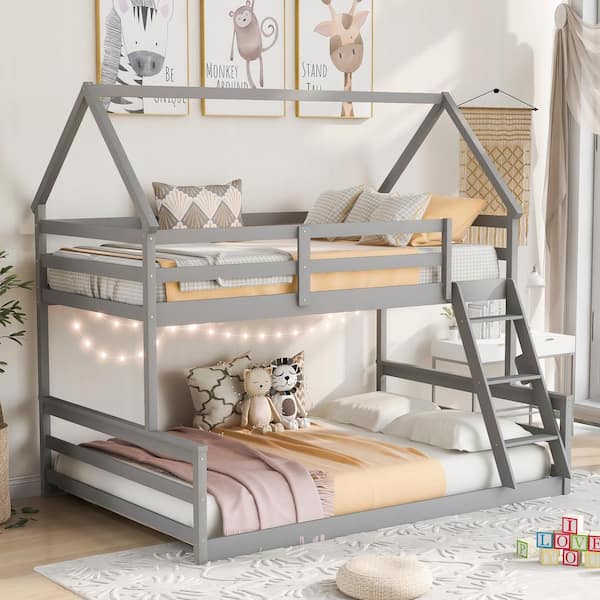 Anbazar Gray Twin Over Full Wood House, What Age Is Okay For Bunk Beds