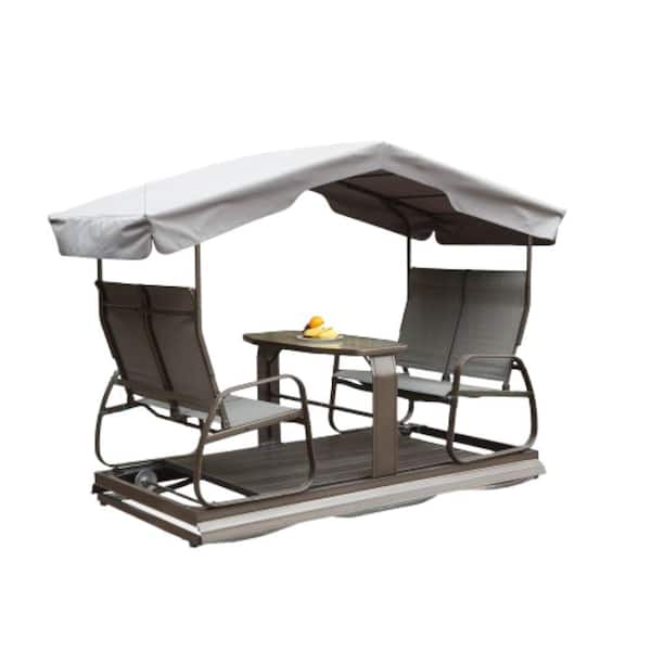 ITOPFOX 44 in. 4-Seat Brown Metal Aluminum Outdoor Glider Bench with Canopy Retro Swing Chair with Frame for Garden and Patio