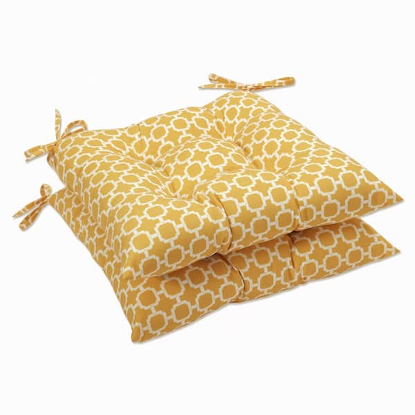 Pillow Perfect 19 in. x 18.5 in. Outdoor Dining Chair Cushion in Yellow/White (Set of 2)