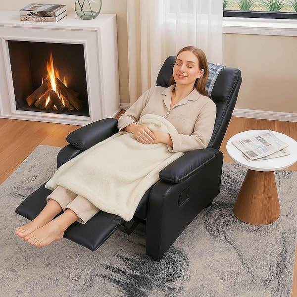 YSCLEL 28 in. Classic Black PU Leather Manual Recliner Chair with Cup Holder & Adjustable Footrest