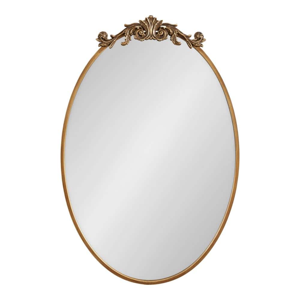 Antique Gold Oval Baroque Vanity Wall Mirror with Ornate Crown