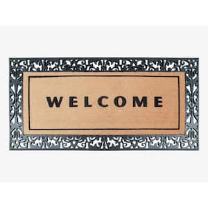 A1HC Welcome Flocked Entrance Door Mats Black/Beige 30 in. x 60 in. Rubber & Coir, Heavy Duty, Extra Large Size Doormat